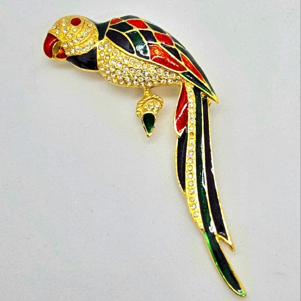 Vintage Giovanni Rhinestone Parrot Brooch Enamel Red Green Blue Gold Tone Large